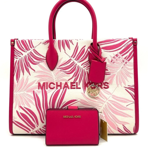 Michael Kors Medium Mirella Tote Bag & Medium Bifold Zip Chain Wallet Pink Multi - Picture 3 of 14